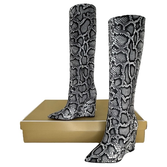 Michael Kors Isra Snake Embossed Leather Womens Wedge Knee High Boots Size 5.5M - Picture 1 of 14